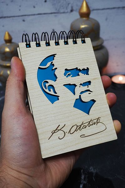 markcat Mini blocnotes din lemn cu tematică Kemal Atatürk - Caiet de buzunar - Lista mea