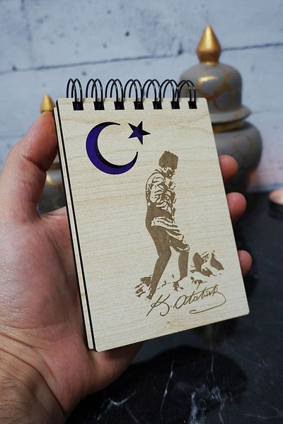 markcat Mini blocnotes din lemn cu tematică Kemal Atatürk - Caiet de buzunar - Lista mea