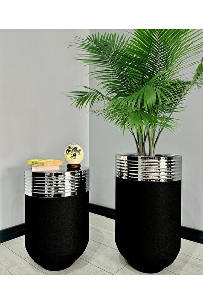 evdeniste ELEGANT Dekoratif Krom Darbuka Siyah Saksı 70cm + Sehpa 60cm İkili Set
