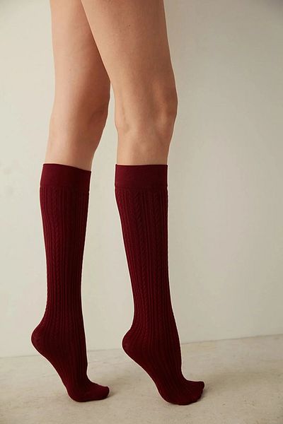 Penti Burgundy Patterned Knit Knee-Length Winter Trouser Socks - 200 Denier, Thick and Set of 2