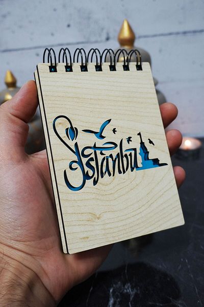 markcat Mini blocnotes cu tematică Istanbul - Copertă din lemn, caiet de buzunar - Lista mea