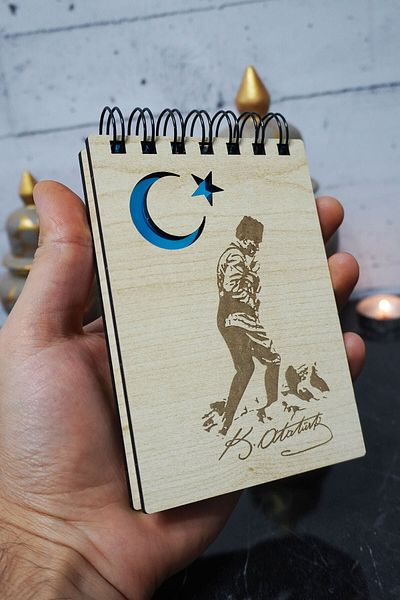 markcat Mini blocnotes din lemn cu tematică Kemal Atatürk - Caiet de buzunar - Lista mea