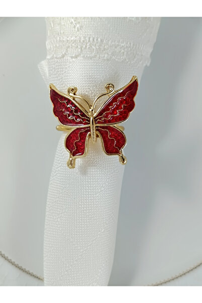Aksesuar 6'lı kelebek kırmızı mineli gold halka peçete yüzüğü