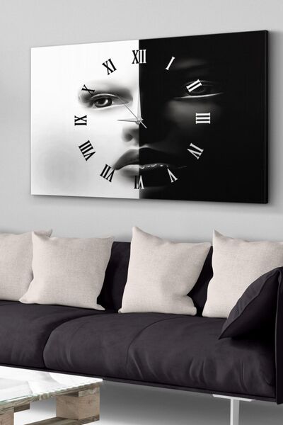 Evinemoda Siyah Beyaz Kadın Saatli Kanvas - Canvas Tablo