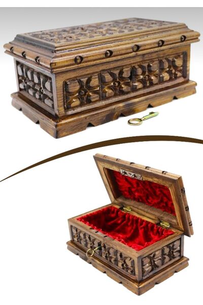 mykhediyevesanatatölyesi Ahşap Oyma Işlemeli Kilitli Sandık Kutu 24 Cm
