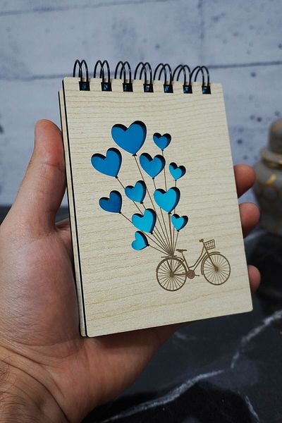 markcat Bloc de note cu tematică pentru baloane pentru biciclete cu copertă din lemn - Mini caiet de buzunar - Lista mea