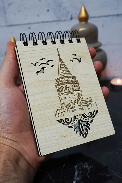 markcat Bloc de note tematice Turnul Galata - Mini caiet de buzunar - My List cu copertă din lemn