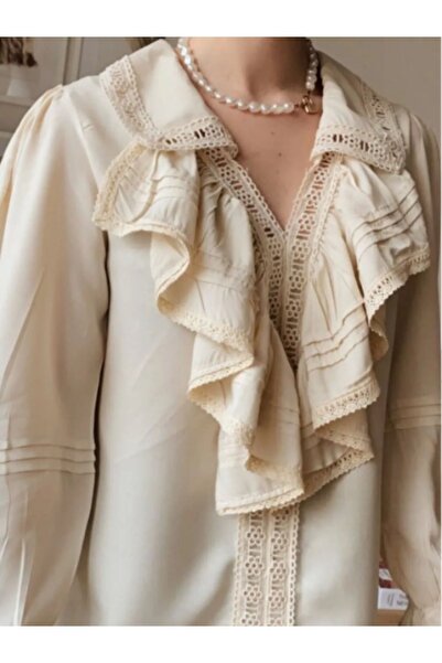 Twin fashion Yakası Volanlı Vintage Krem Kadın Bluz