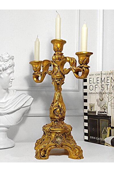 Tual Hobi Sanat Dekoromi 3 Kollu Şamdan Mumluk (37X25CM) Gold