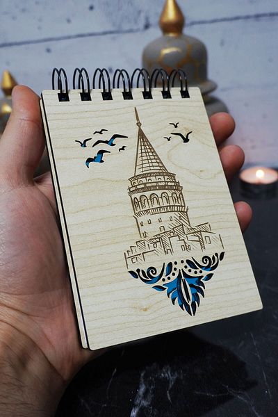 markcat Bloc de note tematice Turnul Galata - Mini caiet de buzunar - My List cu copertă din lemn