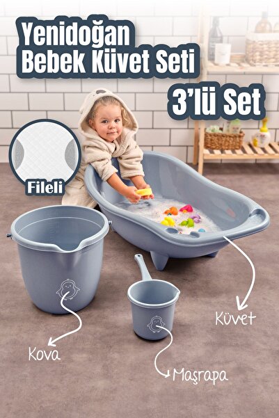 Vienev 3'lü Set Fileli Yenidoğan Küvet Seti Mavi
