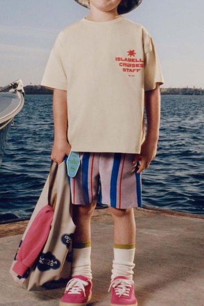 Monila New Season Boys' Text Printed Tshirt and Six Striped Shorts Bottom Top Set