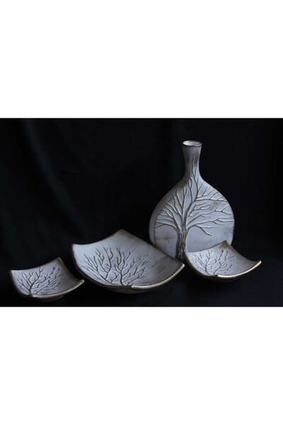 MAY SERAMİK Ağaç Desenli Beyaz Eskitme Gold Seramik Takımı