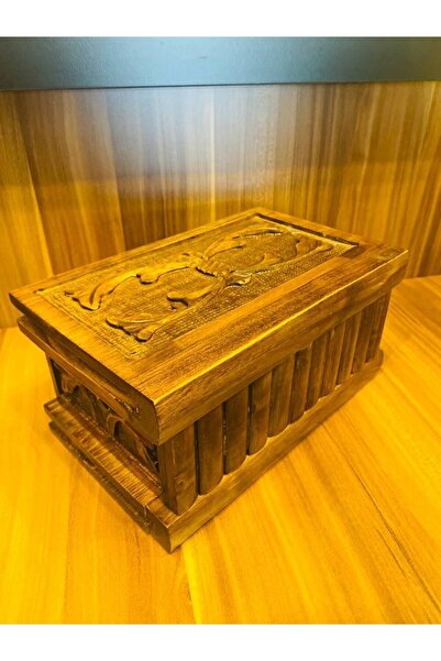 mykhediyevesanatatölyesi Ahşap Sandık Dekoratif Ahşap Ceviz Oyma Anahtarlı Bi...