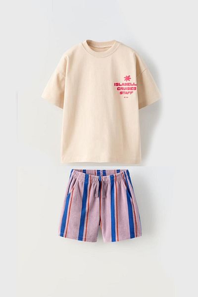 Monila New Season Boys' Text Printed Tshirt and Six Striped Shorts Bottom Top Set