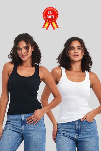 mmetalic Women's Black-White Ribbed Look Thick 2-Piece Basic Undershirt with Straps