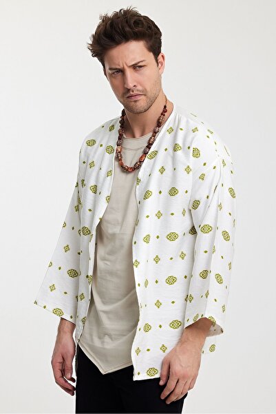 rammers 100% laneni kimono sa etničkim uzorcima, veliki bijeli