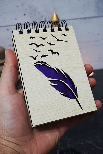 markcat Bird Feather Themed Notebook with Wooden Cover - Mini Pocket Notebook - My List