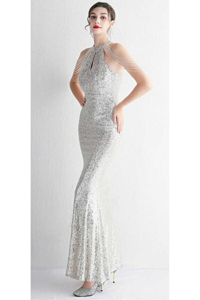 hilaltrendd Halter yaka taş detaylı pullu abiye elbise