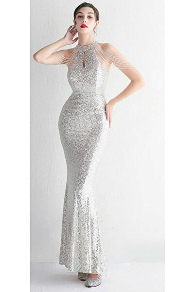 hilaltrendd Halter yaka taş detaylı pullu abiye elbise