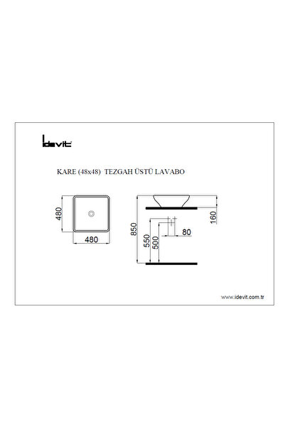 İDEVİT Kare Tezgah Üstü Lavabo 48 Cm