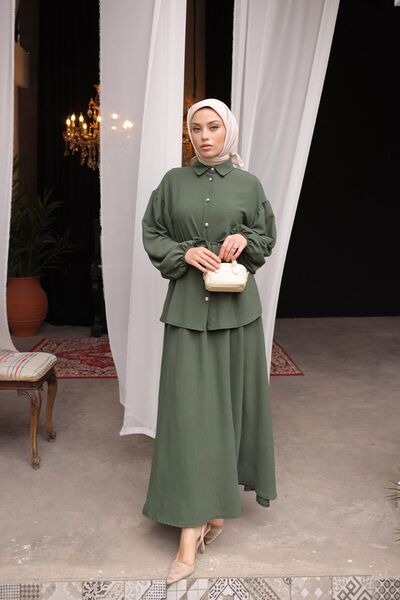 BURCU TESETTÜR Etekli Tesettür Ayrobin Takım BRC2409 Haki