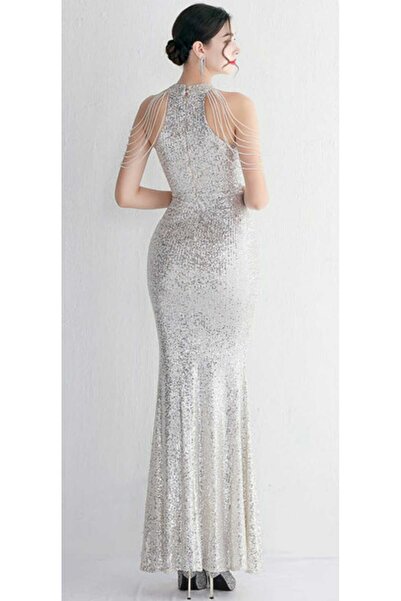 hilaltrendd Halter yaka taş detaylı pullu abiye elbise