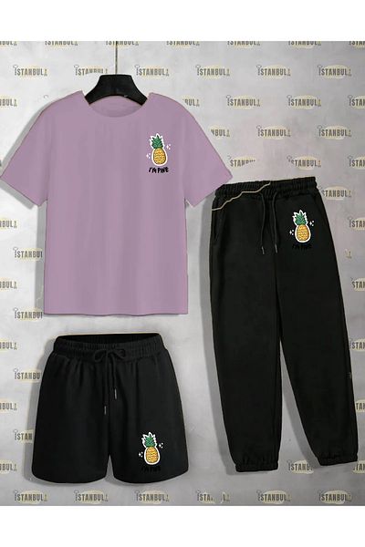 aynewmoda Pineapple Patterned T-shirt and Shorts Tracksuit Set
