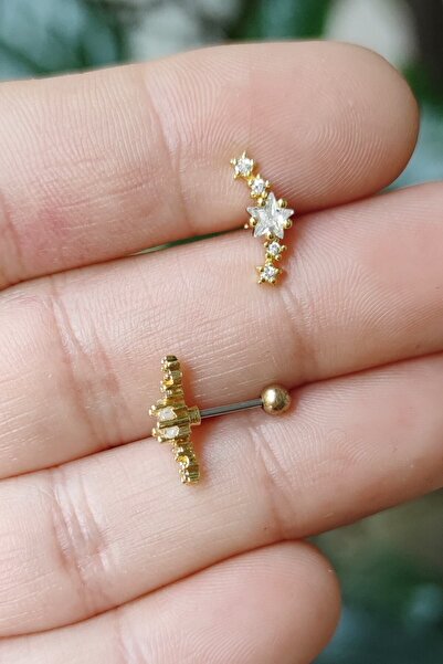 Salyangoz Company Cerrahi Çelik Kıkırdak Helix Piercing Mini 5 Sıralı Yıldız Figür Gold Renk (1 Adet) Syzz5go