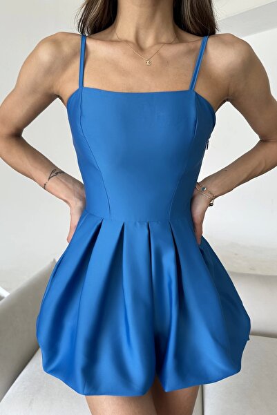 Eka Rochie Mini Ballon Shorts din Satin Albastru - 1026-221509