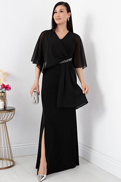 PULLIMM Stone Detailed V-Neck Chiffon Evening Dress - AP-075