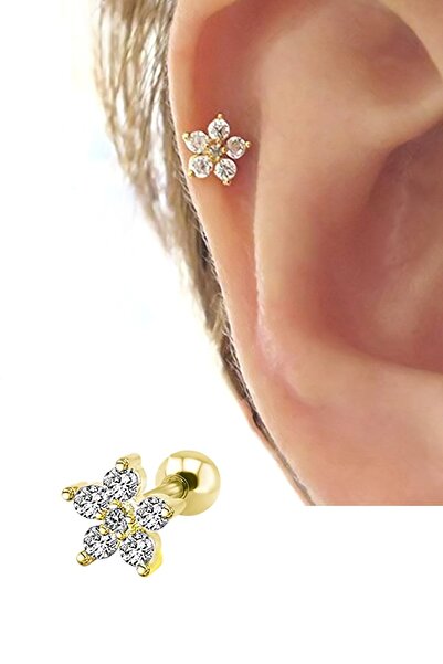 Salyangoz Company Kadın Cerrahi Çelik Gold Çiçek Figürlü Helix Tragus Piercin...