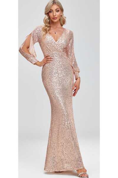 hilaltrendd Uzun kollu kruvaze yaka pullu abiye