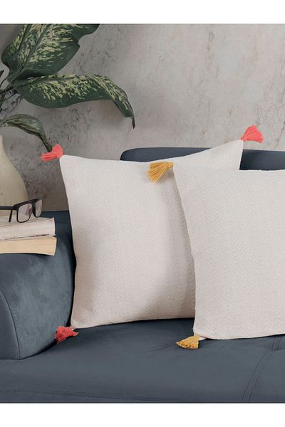 Lux Touch Bergama Ecru Κάλυμμα Μαξιλαριού Ριχτάρι 2 τεμαχίων - Πολύχρωμο, Πομπόν, Σετ Μαξιλαριού με φερμουάρ, Φούντα 45x45 cm