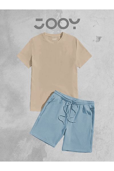 Jooy Company Σετ μπλουζάκι Oversize σε μπεζ και μπλε χτενισμένο βαμβακερό σορτς