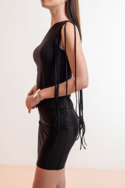 Laranor One Shoulder Black Tassel Blouse - Day and Night Elegance