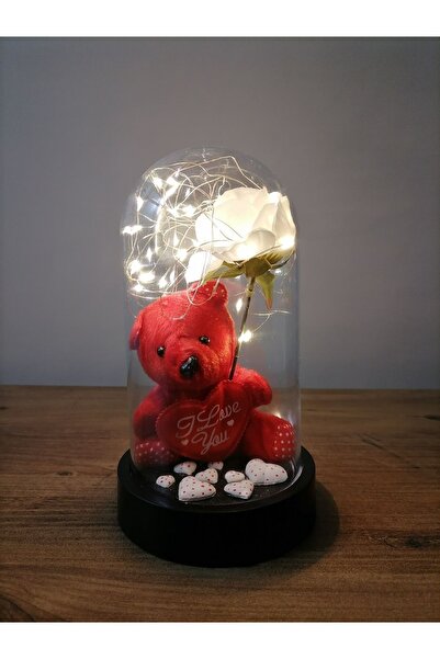 Altev Beyaz Gül Kalpli Ayıcık Işıklı Fanus 14 Şubat Sevgililer Günü Hediyesi ...