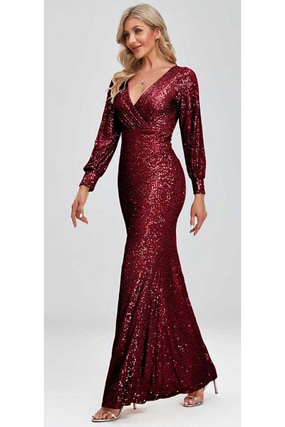 hilaltrendd Long Sleeve Sequin Double Breasted Collar Evening Dress