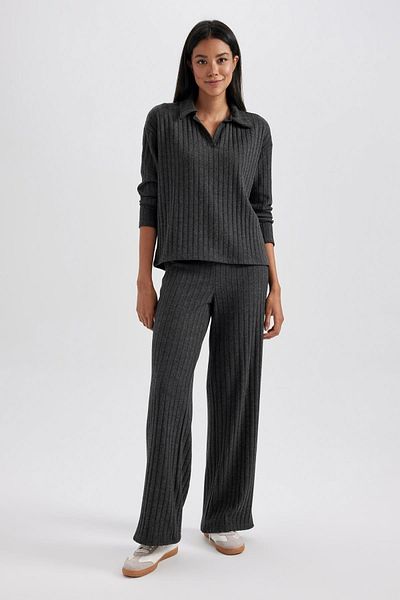 DeFacto Relax Fit Polo Neck Ribbed Camisole Long Sleeve T-Shirt B2404Ax23Au