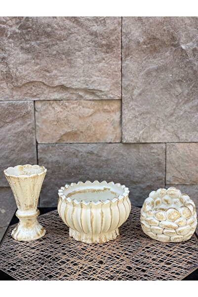 Peramari Σετ Διακοσμητικό Τριπλό Βάζο από Πολυεστέρα - Κρεμ Χρυσό Αντίκα