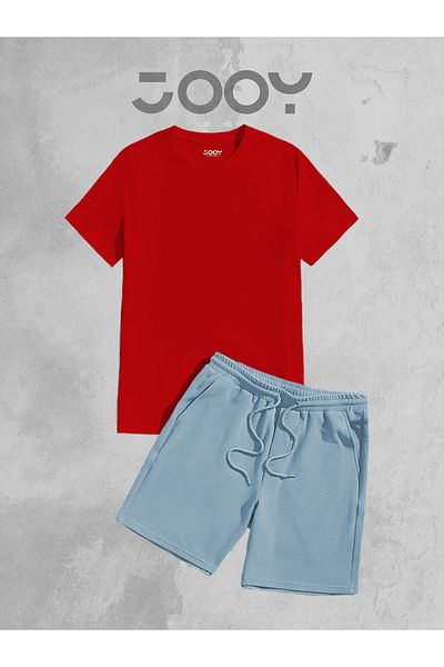 Jooy Company Κόκκινο Oversize T-Shirt και μπλε χτενισμένο βαμβακερό σορτς