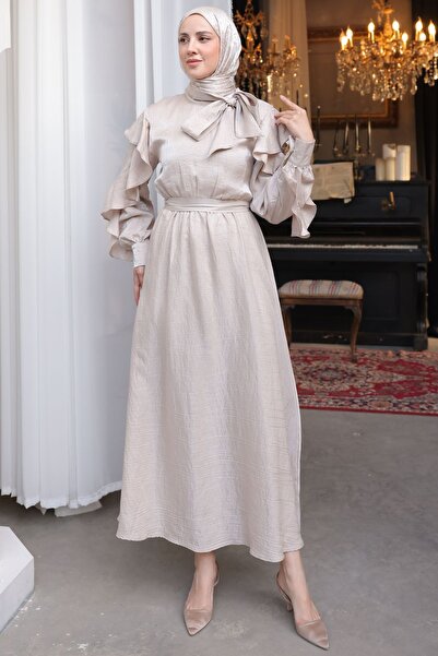 benguen Γυναικείο φόρεμα με βολάν με λεπτομέρεια με ζωσμένη μέση 2092 Χρώμα πέτρας