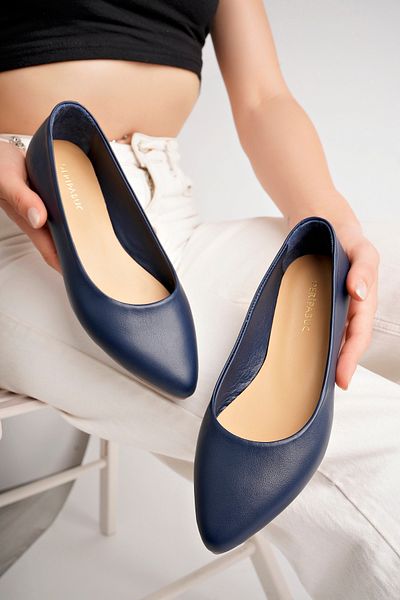 Deripabuc Navy Blue Genuine Leather Women's Ballerinas - Dp58-5057
