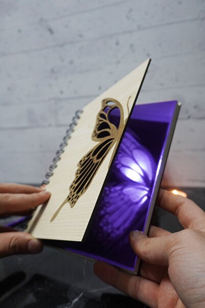 markcat Kelebek Desenli Ahşap Kapaklı Çizgisiz Defter - Ajanda - Günlük - A5 Anı Defteri - 120 Sayfa