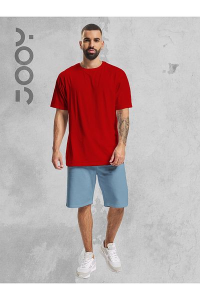 Jooy Company Κόκκινο Oversize T-Shirt και μπλε χτενισμένο βαμβακερό σορτς
