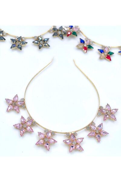 QUEEN AKSESUAR Πολυτελής ροζ κρυστάλλινη πέτρα με λουλούδια χρυσό μεταλλικό σ...