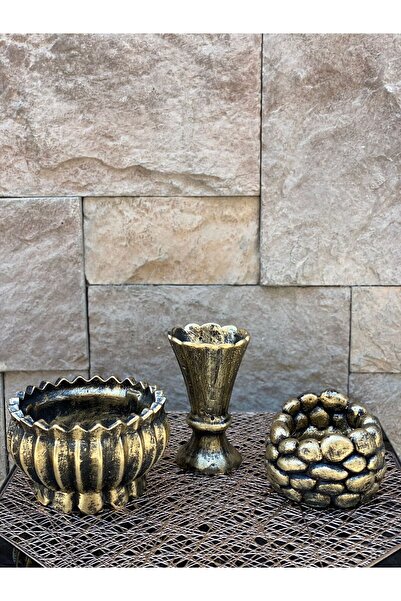 Peramari Χρυσό Μαύρο Αντίκα - Διακοσμητικό Σετ Τριών Βάζων από Πολυεστέρα