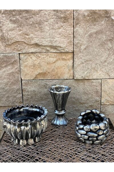 Peramari Σετ Τριών Βάζων Πολυεστέρα - Ασημί Μαύρο Αντίκα