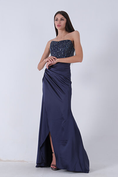 Feminist Göğüs Pul ve Taşlı Saten Abiye Lacivert 9705294