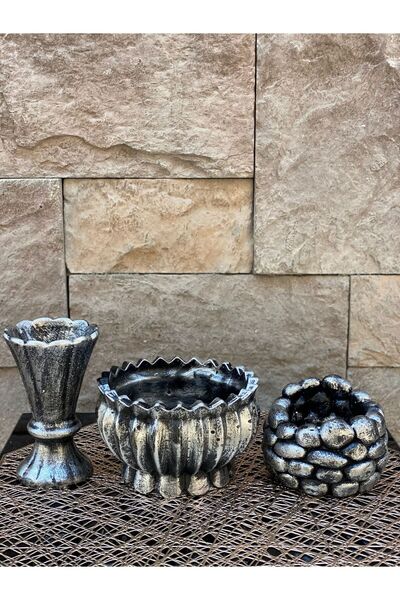 Peramari Σετ Τριών Βάζων Πολυεστέρα - Ασημί Μαύρο Αντίκα